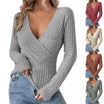 Женский глубокий V-образный вырез сексуальный свитер с запахом длинный рукав облегающий трикотажный джемпер топ L бежевый