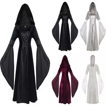 Женский готический костюм с рюшами и расклешенными манжетами, галстуками, корсетом, костюм на Хэллоуин, сетчатая туника с капюшоном, винтажное платье с принтом XL