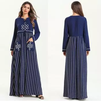 Женский халат Абая Исламское мусульманское среднее длинное платье тёмно-синий