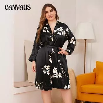 Женский халат большого размера с длинными рукавами и принтом из ледяного шелка, домашняя пижама 1XL