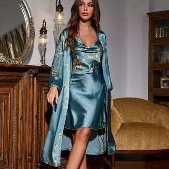 Женский халат «Четыре сезона», пижамный комплект, ночная рубашка, комплект из двух предметов, тонкая стильная верхняя одежда, стильная одежда для сна средней длины, шали S серый