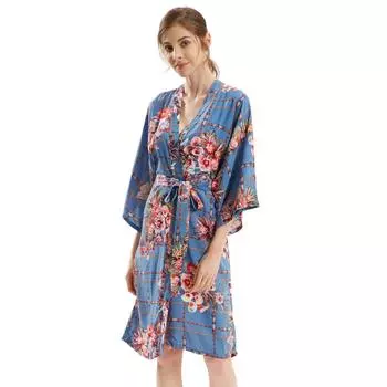 Женский халат-кардиган средней длины из хлопка и шелка для дома с рукавами средней длины и цветочным принтом, модный темперамент и элегантность One size