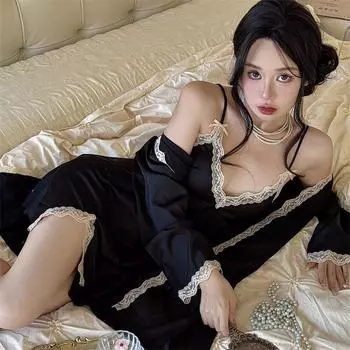 Женский халат-кимоно, черное атласное платье, ночная рубашка и халат, ночная рубашка, сексуальная кружевная отделка, свободная повседневная домашняя одежда, одежда для отдыха M