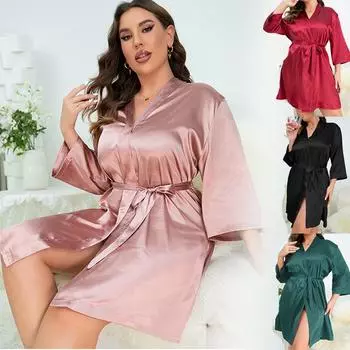 Женский халат, ночная рубашка со средним рукавом, шелковая атласная женская рубашка на шнуровке, летние женские пижамы 1-5XL XXXXXL чёрный