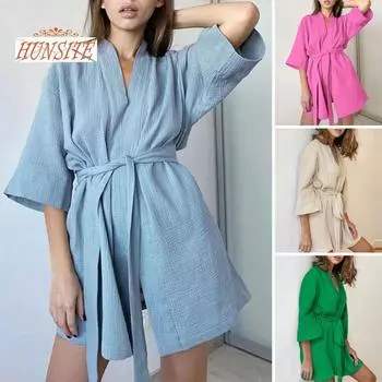 Женский халат, однотонный кардиган с завязкой на талии, пояс, свободный спальный халат с половиной рукавов, водопоглощающий купальный халат с горячими источниками, женская одежда L синий