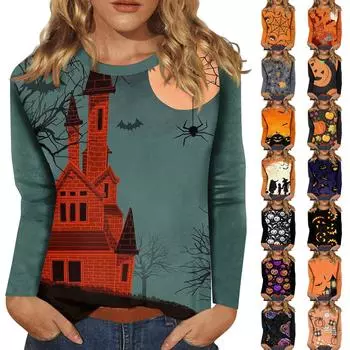 Женский Хэллоуин с принтом, круглым вырезом и длинными рукавами, свободный крой, повседневный топ с длинными рукавами и длинными рукавами XL
