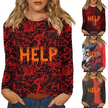 Женский Хэллоуин с принтом, круглым вырезом и длинными рукавами, свободный крой, повседневный топ с длинными рукавами и длинными рукавами M винный