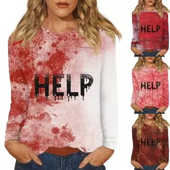 Женский Хэллоуин с принтом, круглым вырезом и длинными рукавами, свободный крой, повседневный топ с длинными рукавами и длинными рукавами L красный