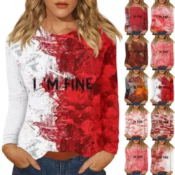 Женский Хэллоуин с принтом, круглым вырезом и длинными рукавами, свободный крой, повседневный топ с длинными рукавами и длинными рукавами XXXXL