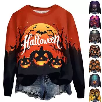 Женский Хэллоуин с принтом, круглым вырезом и длинными рукавами, свободный крой, повседневный топ с длинными рукавами и длинными рукавами M оранжевый