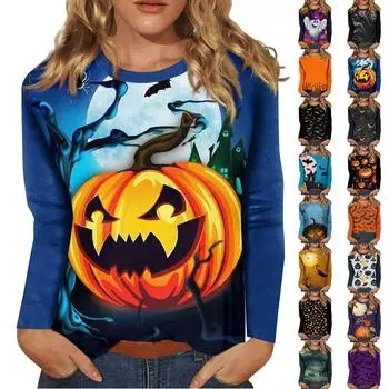 Женский Хэллоуин с принтом, круглым вырезом и длинными рукавами, свободный крой, повседневный топ с длинными рукавами и длинными рукавами XXXL