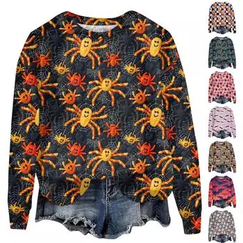 Женский Хэллоуин с принтом, круглым вырезом и длинными рукавами, свободный крой, повседневный топ с длинными рукавами и длинными рукавами XXXXL красный