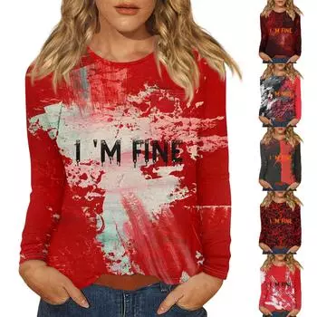 Женский Хэллоуин с принтом, круглым вырезом и длинными рукавами, свободный крой, повседневный топ с длинными рукавами и длинными рукавами XXL чёрный