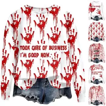 Женский Хэллоуин с принтом, круглым вырезом и длинными рукавами, свободный крой, повседневный топ с длинными рукавами и длинными рукавами XXXL розовый
