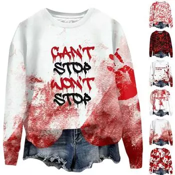 Женский Хэллоуин с принтом, круглым вырезом и длинными рукавами, свободный крой, повседневный топ с длинными рукавами и длинными рукавами XL белый