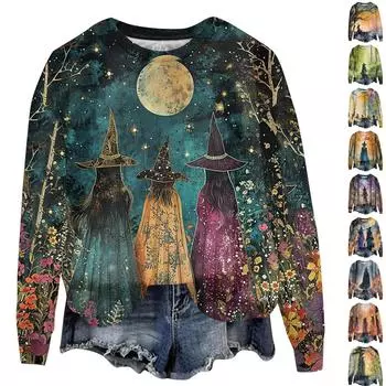 Женский Хэллоуин с принтом, круглым вырезом и длинными рукавами, свободный крой, повседневный топ с длинными рукавами и длинными рукавами XL оранжевый