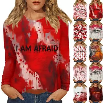 Женский Хэллоуин с принтом, круглым вырезом и длинными рукавами, свободный крой, повседневный топ с длинными рукавами и длинными рукавами S