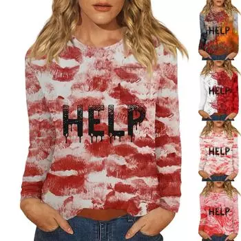 Женский Хэллоуин с принтом, круглым вырезом и длинными рукавами, свободный крой, повседневный топ с длинными рукавами и длинными рукавами XL винный