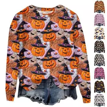 Женский Хэллоуин с принтом, круглым вырезом и длинными рукавами, свободный крой, повседневный топ с длинными рукавами и длинными рукавами XXL чёрный