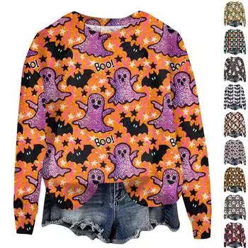 Женский Хэллоуин с принтом, круглым вырезом и длинными рукавами, свободный крой, повседневный топ с длинными рукавами и длинными рукавами XXXL