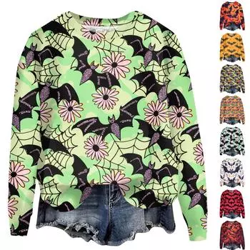 Женский Хэллоуин с принтом, круглым вырезом и длинными рукавами, свободный крой, повседневный топ с длинными рукавами и длинными рукавами M