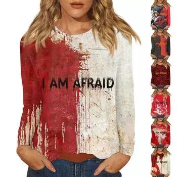 Женский Хэллоуин с принтом, круглым вырезом и длинными рукавами, свободный крой, повседневный топ с длинными рукавами и длинными рукавами XXXL хаки