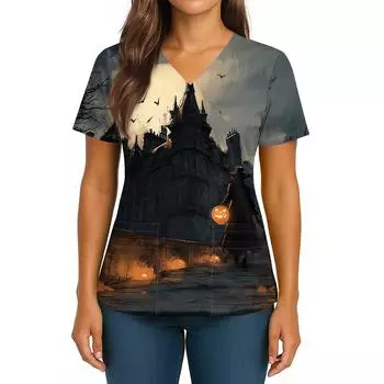 Женский Хэллоуинский Принт V-образный вырез Двойной карман Короткий рукав Разрез по подолу Топ для униформы/сиделки XXXXL
