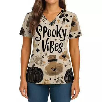 Женский Хэллоуинский Принт V-образный вырез Двойной карман Короткий рукав Разрез по подолу Топ для униформы/сиделки M хаки