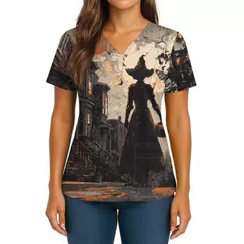 Женский Хэллоуинский Принт V-образный вырез Двойной карман Короткий рукав Разрез по подолу Топ для униформы/сиделки XXXXXL хаки