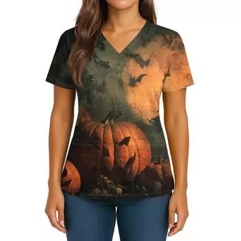 Женский Хэллоуинский Принт V-образный вырез Двойной карман Короткий рукав Разрез по подолу Топ для униформы/сиделки XXXL