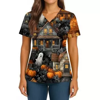 Женский Хэллоуинский Принт V-образный вырез Двойной карман Короткий рукав Разрез по подолу Топ для униформы/сиделки M чёрный