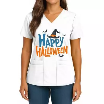 Женский Хэллоуинский Принт V-образный вырез Двойной карман Короткий рукав Разрез по подолу Топ для униформы/сиделки M