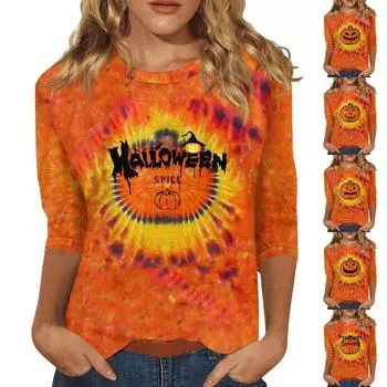 Женский хеллоуинский принт с круглым вырезом и длинными рукавами, свободный покрой, повседневный топ с длинными рукавами 3/4 M жёлтый