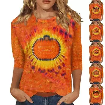 Женский хеллоуинский принт с круглым вырезом и длинными рукавами, свободный покрой, повседневный топ с длинными рукавами 3/4 S золотой