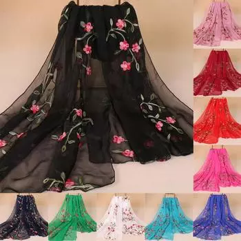 Женский хиджаб для волос, шаль, головной убор, летний длинный шарф, шифоновый шарф с цветочной вышивкой для девочек, шарф с запахом белый