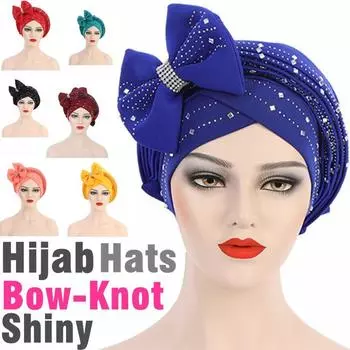 Женский хиджаб, сверкающий горный хрусталь, бант, мусульманский тюрбан, косы, тюрбан, эластичная мусульманская шляпа, уже изготовленные головные уборы для африканских женщин, головной убор Aso Oke L белый