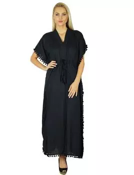 Женский хлопковый длинный кафтан Bimba с кисточками с помпонами Maxi Caftan Beach 10 чёрный