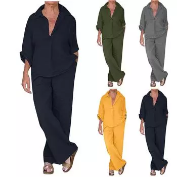 Женский хлопковый льняной костюм из 2 предметов, летний деловой деловой костюм, уличная одежда, комплект из топа и брюк на пуговицах S