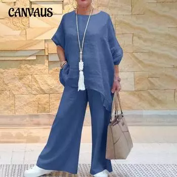 Женский хлопковый льняной модный повседневный асимметричный топ с длинными рукавами и широкими брючными костюмами больших размеров