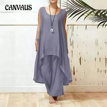 Женский хлопковый льняной модный повседневный комплект без рукавов больших размеров с широкими брюками, костюм