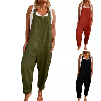 Женский хлопковый льняной полосатый комбинезон с широкими штанинами и брюками-карго, повседневный комбинезон L чёрный