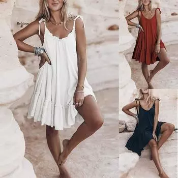Женский хлопковый льняной сарафан, летнее мини-платье в стиле бохо с бретельками для чулок и оборками, модное однотонное платье со шнуровкой и открытой спиной, А-силуэт S белый