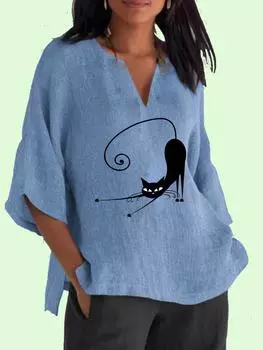 Женский хлопковый льняной топ больших размеров 3/4, рубашка с длинным рукавом, модный женский повседневный пуловер с v-образным вырезом, свободные блузки с принтом 2XL синий