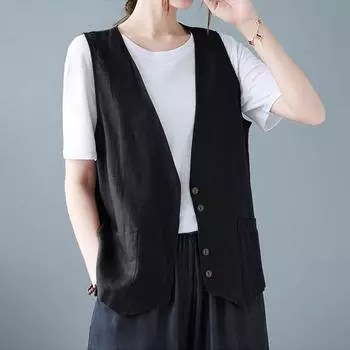 Женский хлопковый льняной жилет без рукавов на пуговицах с V-образным вырезом, куртка-жилет XXL чёрный