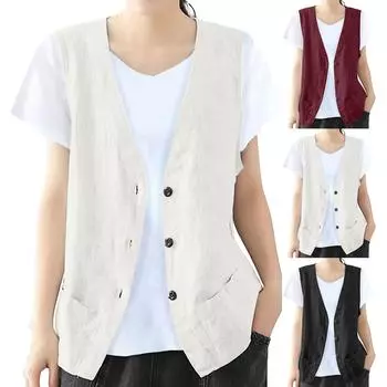 Женский хлопковый льняной жилет без рукавов на пуговицах с V-образным вырезом, куртка-жилет L бежевый