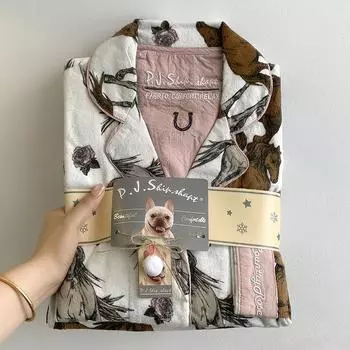 Женский хлопковый пижамный комплект осень-зима плотная женская пижама 2 шт. с брюками с принтом животных однобортная домашняя одежда для женщин XS