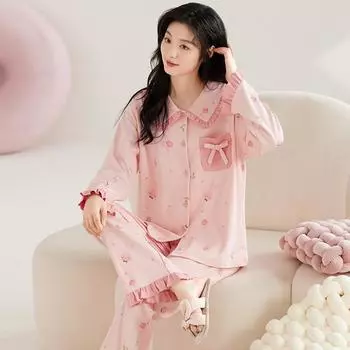 Женский хлопковый пижамный комплект осень-зима с отложным воротником, симпатичная пижама в стиле принцессы, женская домашняя одежда с длинным рукавом M