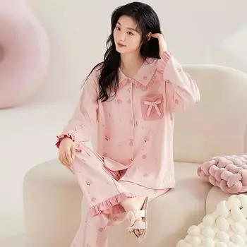 Женский хлопковый пижамный комплект осень-зима с отложным воротником, симпатичная пижама в стиле принцессы, женская домашняя одежда с длинным рукавом Asian M (40-50KG)