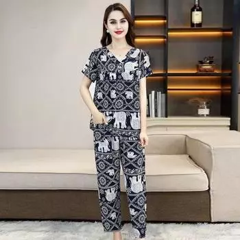 Женский хлопковый пижамный комплект с коротким рукавом и длинными штанами, повседневный комплект из двух предметов для сна, летняя тонкая домашняя одежда больших размеров для пожилых мам XL синий