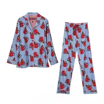 Женский хлопковый пижамный костюм с длинным рукавом, однобортный, женская пижама, 2 шт. с брюками, удобные карманы, пижама Feminino XS